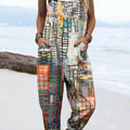 Women's Abstract Geometric Pattern Art Print Casual 100% Cotton Wide Leg Jumpsuit
