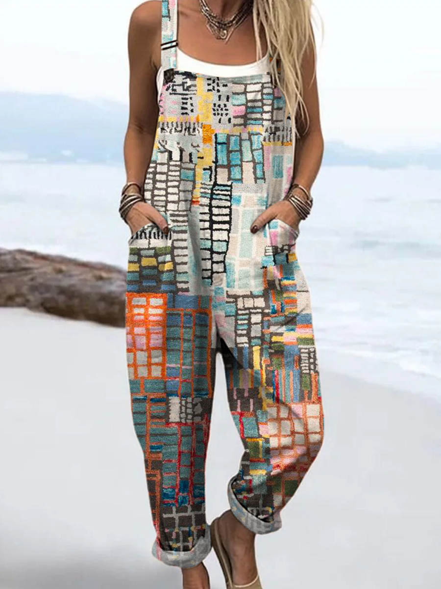 Women's Abstract Geometric Pattern Art Print Casual 100% Cotton Wide Leg Jumpsuit
