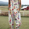 Women's Vintage Flowers Art Print Casual 100% Cotton Wide Leg Jumpsuit