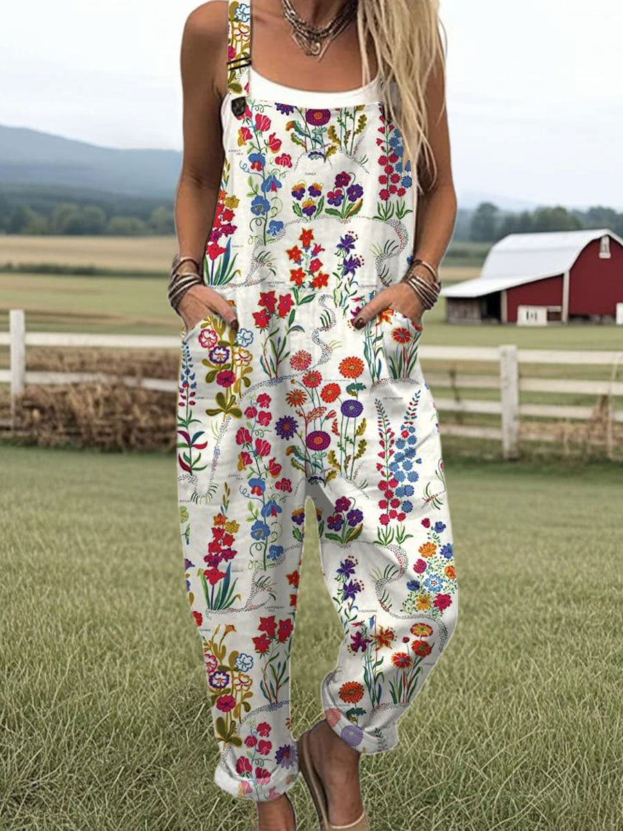 Women's Vintage Flowers Art Print Casual 100% Cotton Wide Leg Jumpsuit