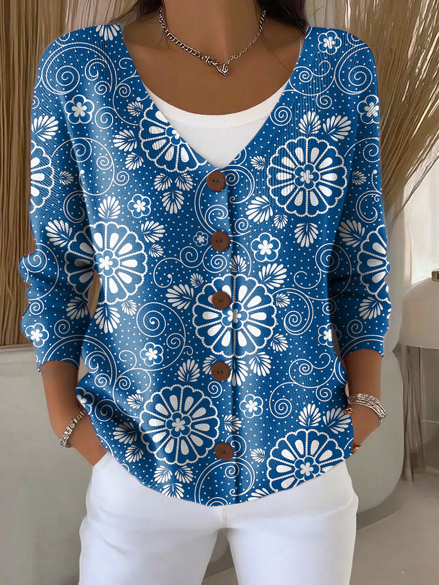 Ethnic Pattern Print Buttoned V-neck Cardigan Sweater