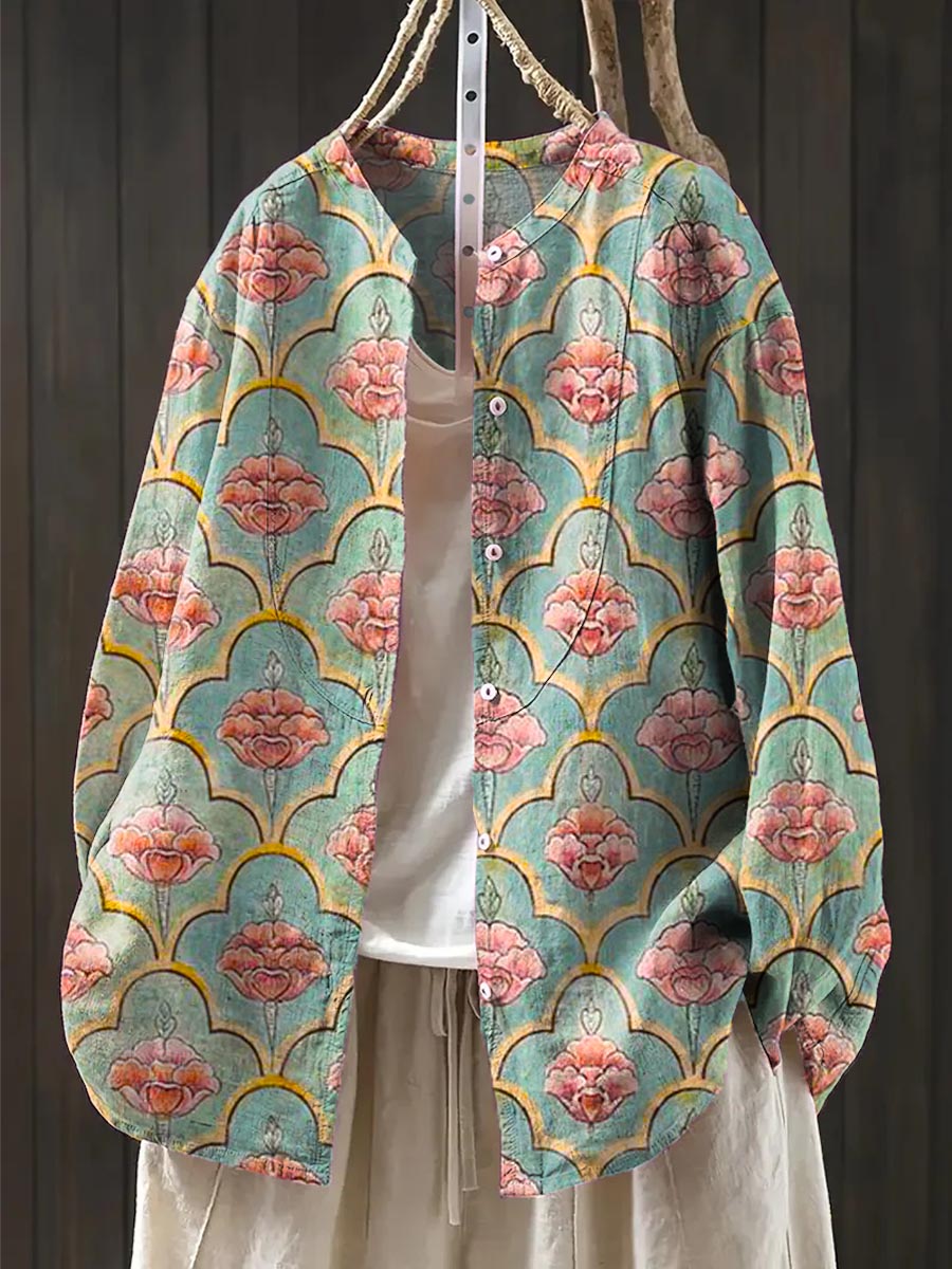 Women's Vintage Floral Art Print Casual Cotton And Linen Shirt