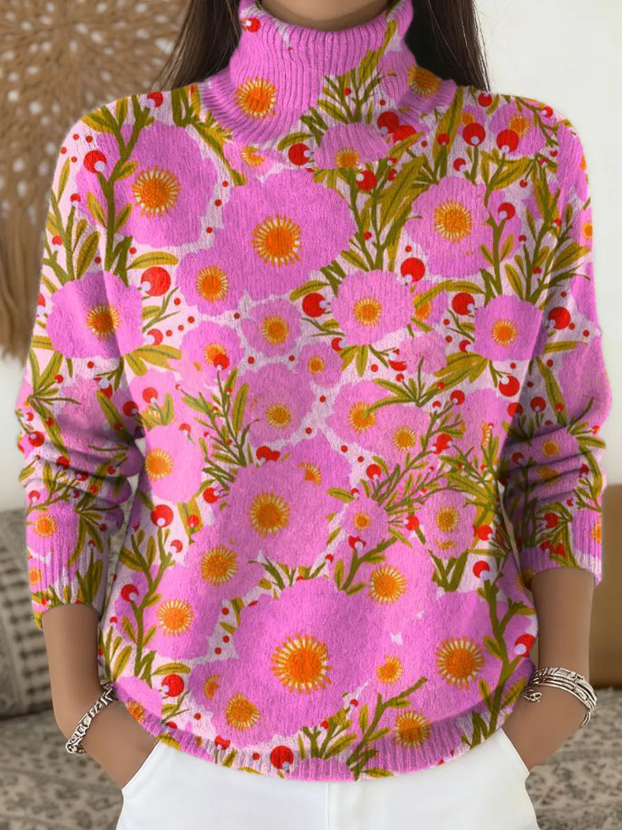 Women's Floral Pattern Art Print Knit Turtleneck Pullover Sweater