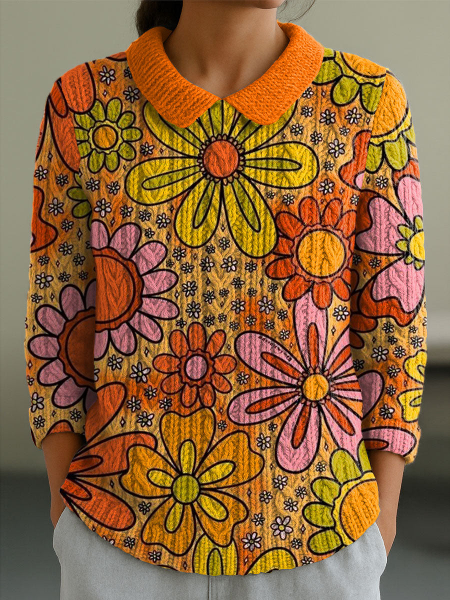 womens-vintage-flower-floral-art-print-casual-peter-pan-collar-3-4-sleeve-sweater