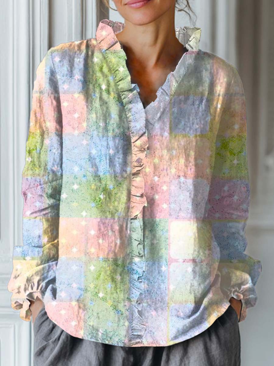 Women's Vintage Gradient Plaid Pattern Art Print Casual Cotton And Linen Ruffle Shirt