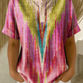 Retro Color-block Striped & Paneled Loose-fit Cotton-linen Short-sleeve Shirt