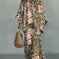 Women's Vintage Leopard Floral Art Comfortable Loose Cotton Linen Wide-leg Pants Two-piece Set