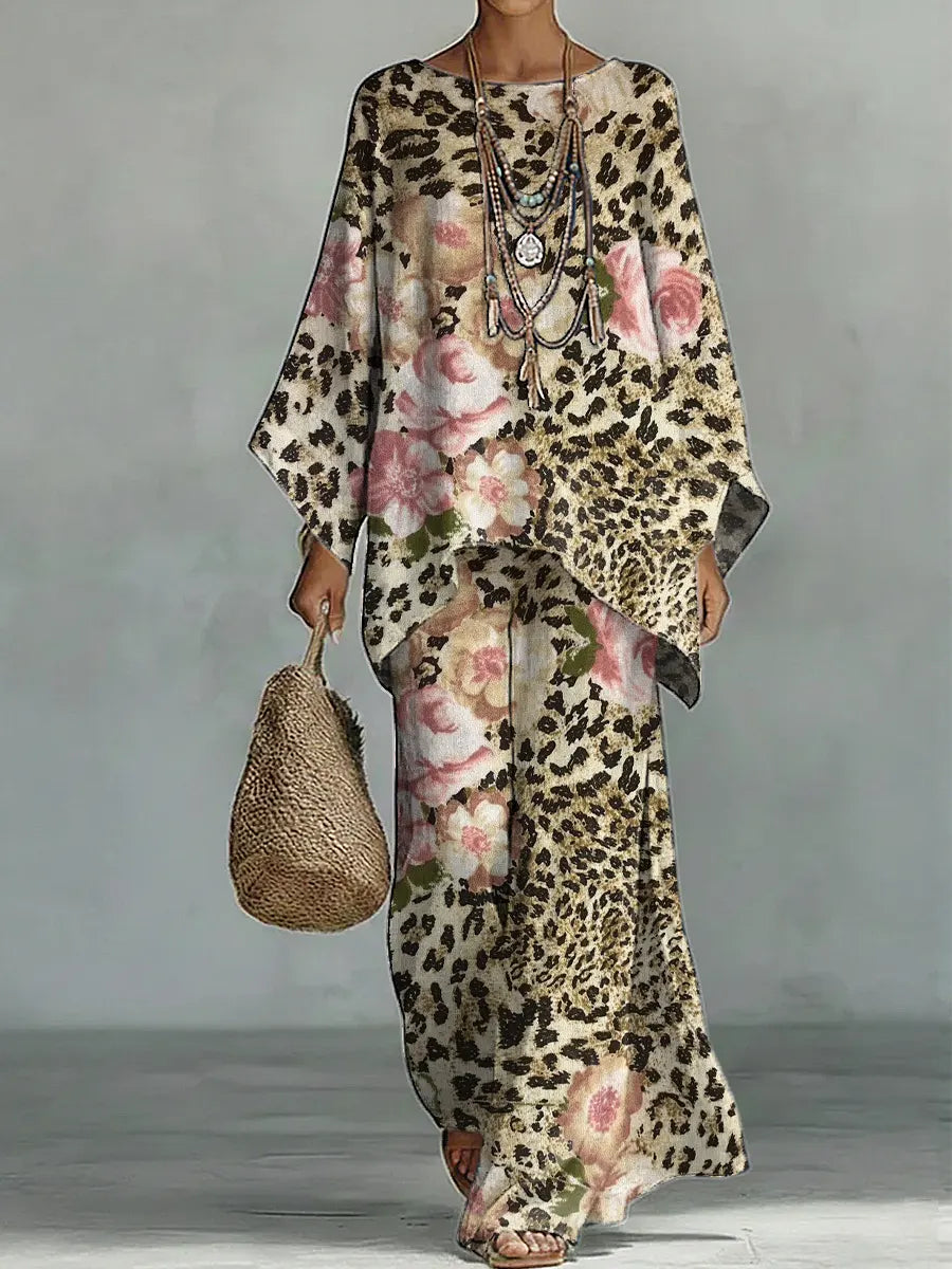 Women's Vintage Leopard Floral Art Comfortable Loose Cotton Linen Wide-leg Pants Two-piece Set