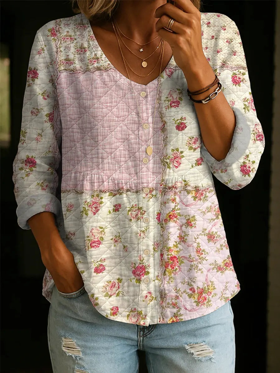 Women's Retro Floral Pattern Art Print Casual Cotton Shirt
