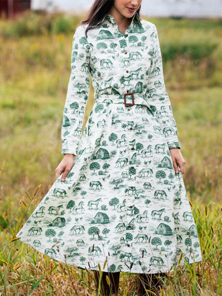 Women's Fun Retro Farm Print Lapel Cotton Midi Dress