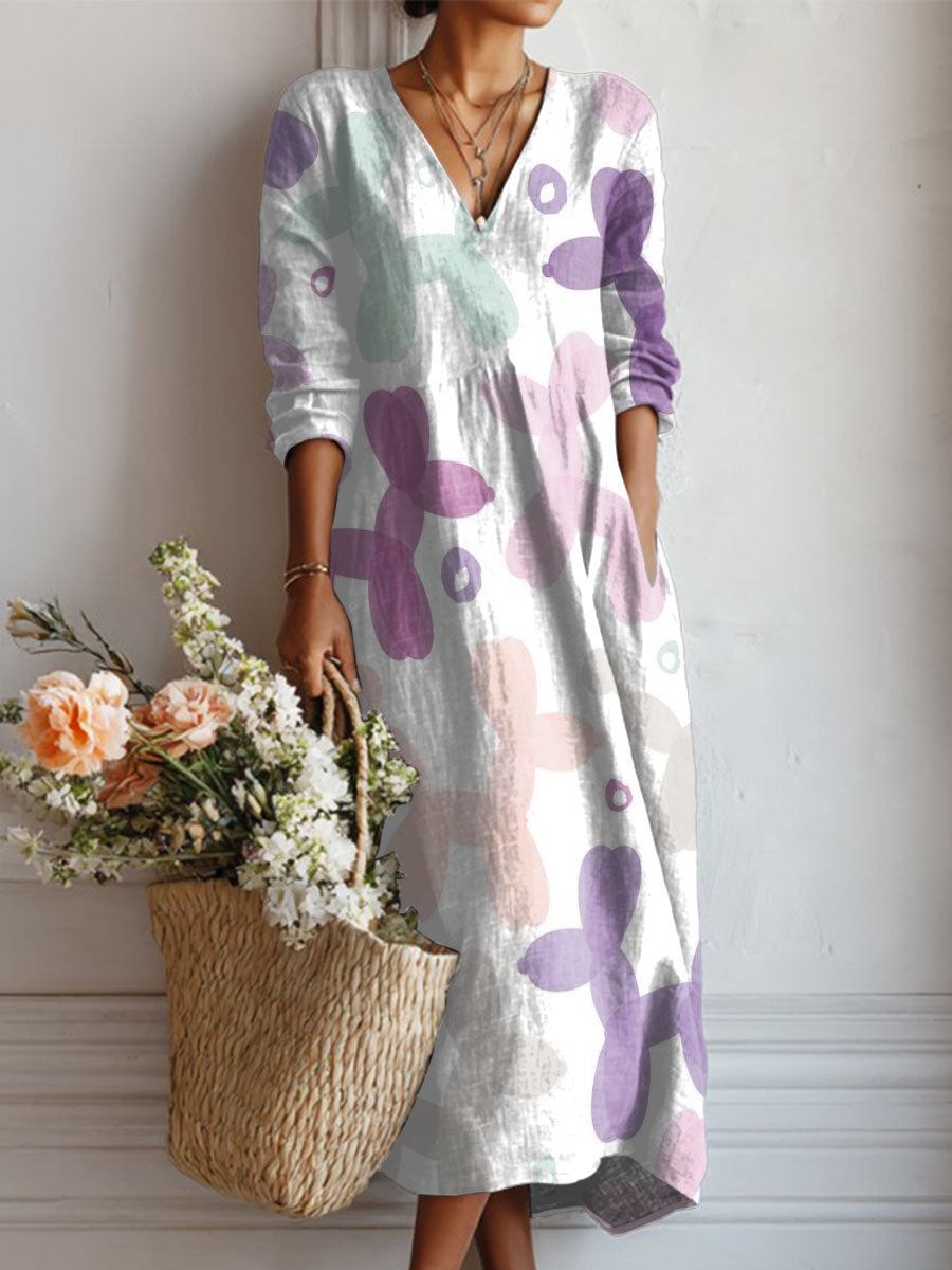 Women's Balloon Puppy Print Linen Pocket Dress