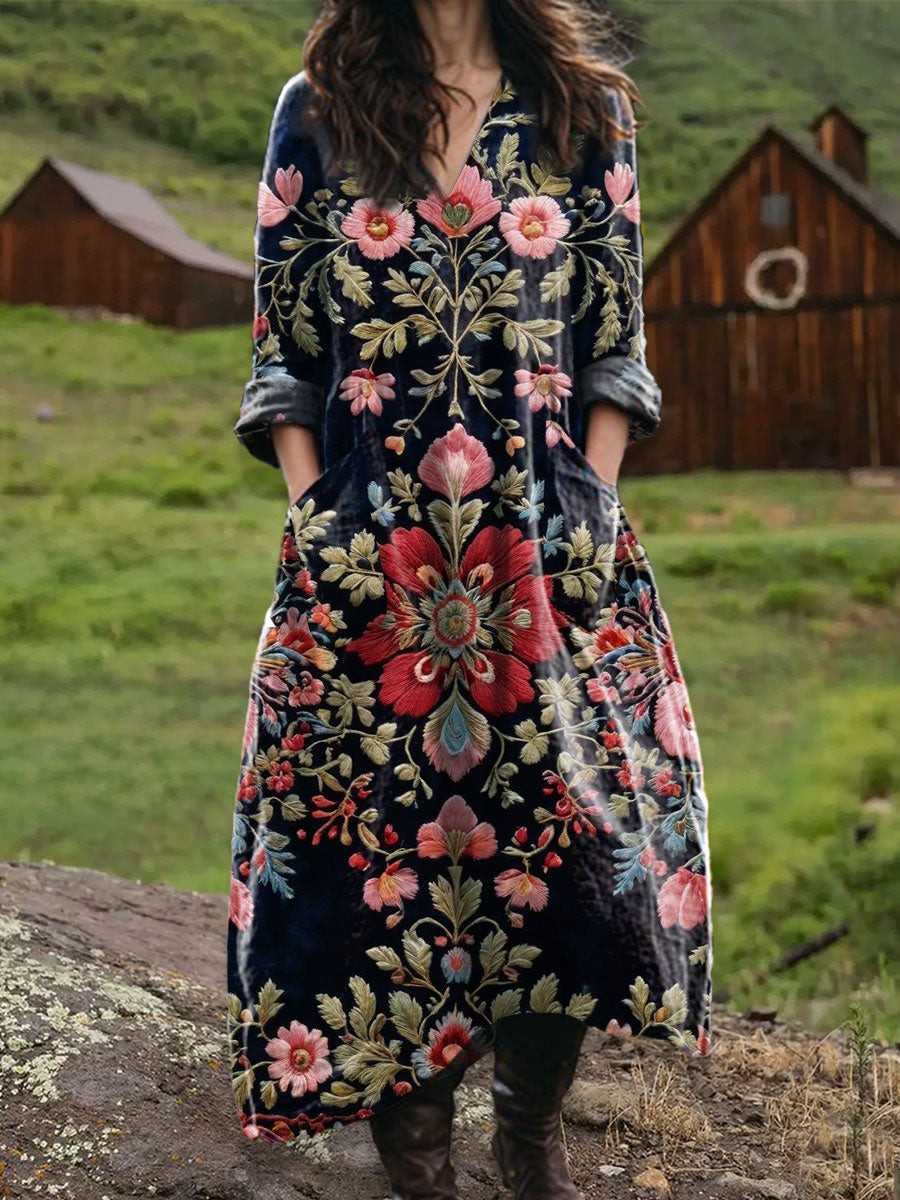 Women's Vintage Floral Art  Print Pocket V-neck Cotton Dress