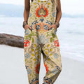 Damen-Jumpsuit mit Vintage-Blumenmuster, lässig, aus 100 % Baumwolle, weites Bein 