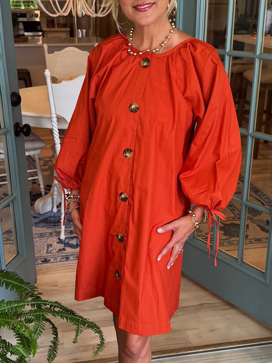 Women's Autumn Buttoned Lantern Sleeve Cotton Dress