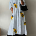 Women's Vintage  Bee  Art Print Pocket V-neck Cotton Dress