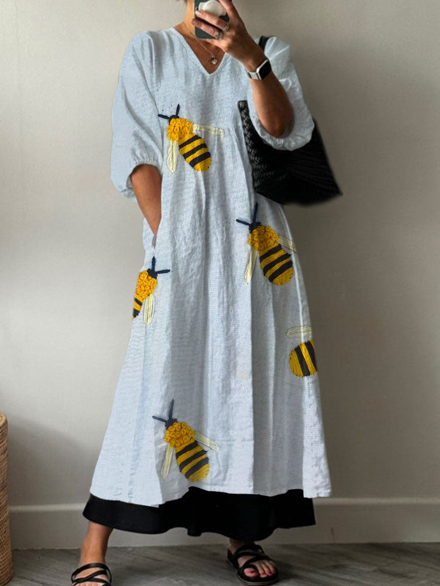 Women's Vintage  Bee  Art Print Pocket V-neck Cotton Dress