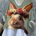 Women's   Easter Vintage Bunny Art Print Casual Cotton And Linen Shirt