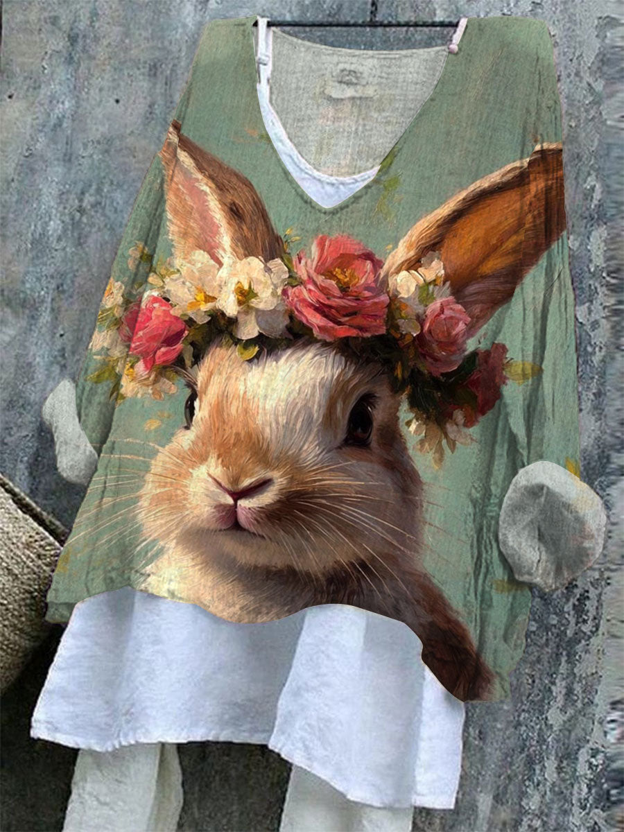 Women's   Easter Vintage Bunny Art Print Casual Cotton And Linen Shirt