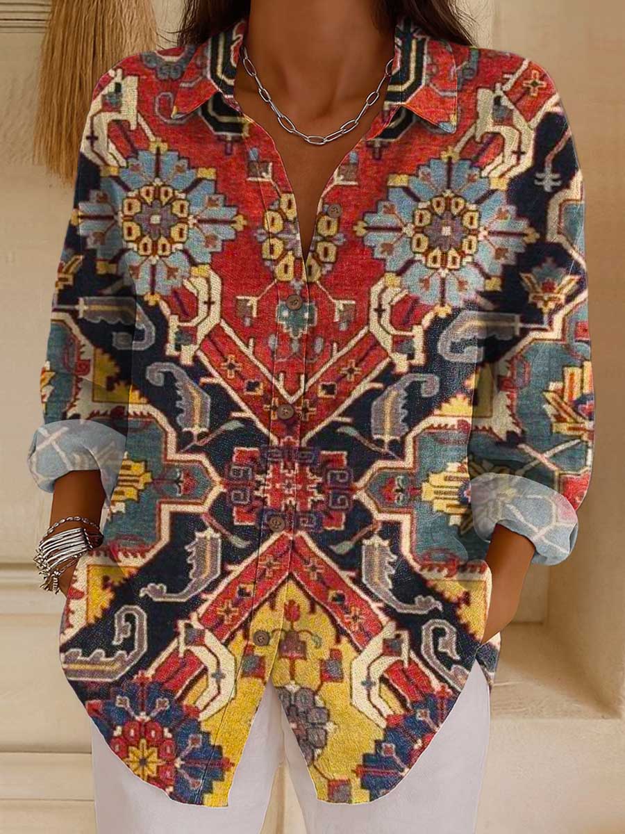 Women's Vintage Pattern Art Print Casual Cotton Shirt
