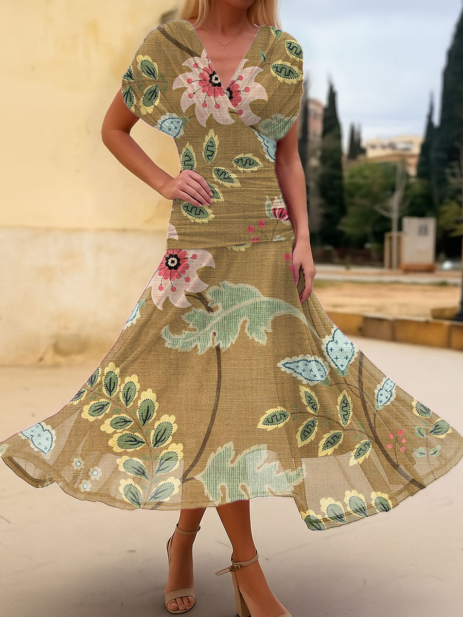 Women's Vintage Flower Art Print Flowy Casual Dress