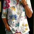 Women's Floral Pattern Art Casual Classic Henley Collar 100% Cotton T-shirt