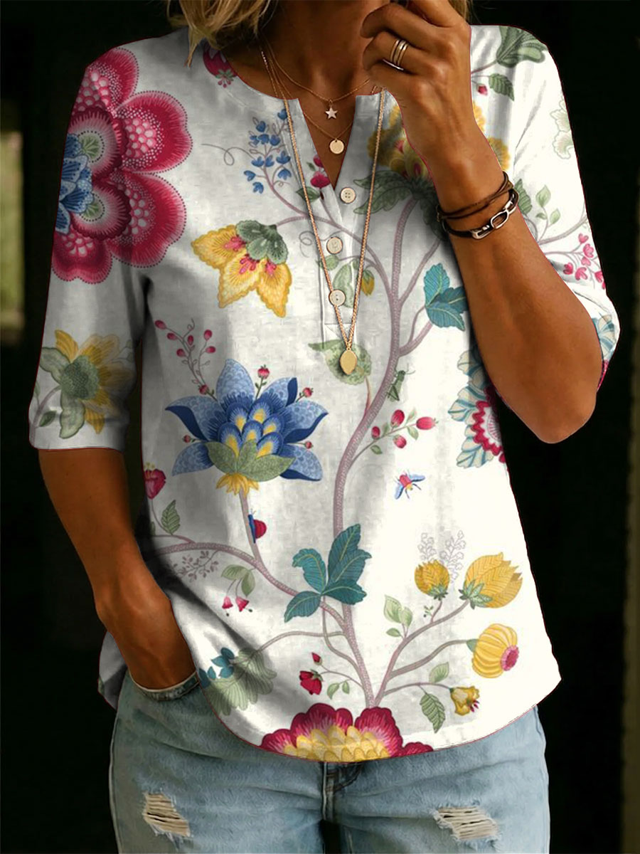 Women's Floral Pattern Art Casual Classic Henley Collar 100% Cotton T-shirt
