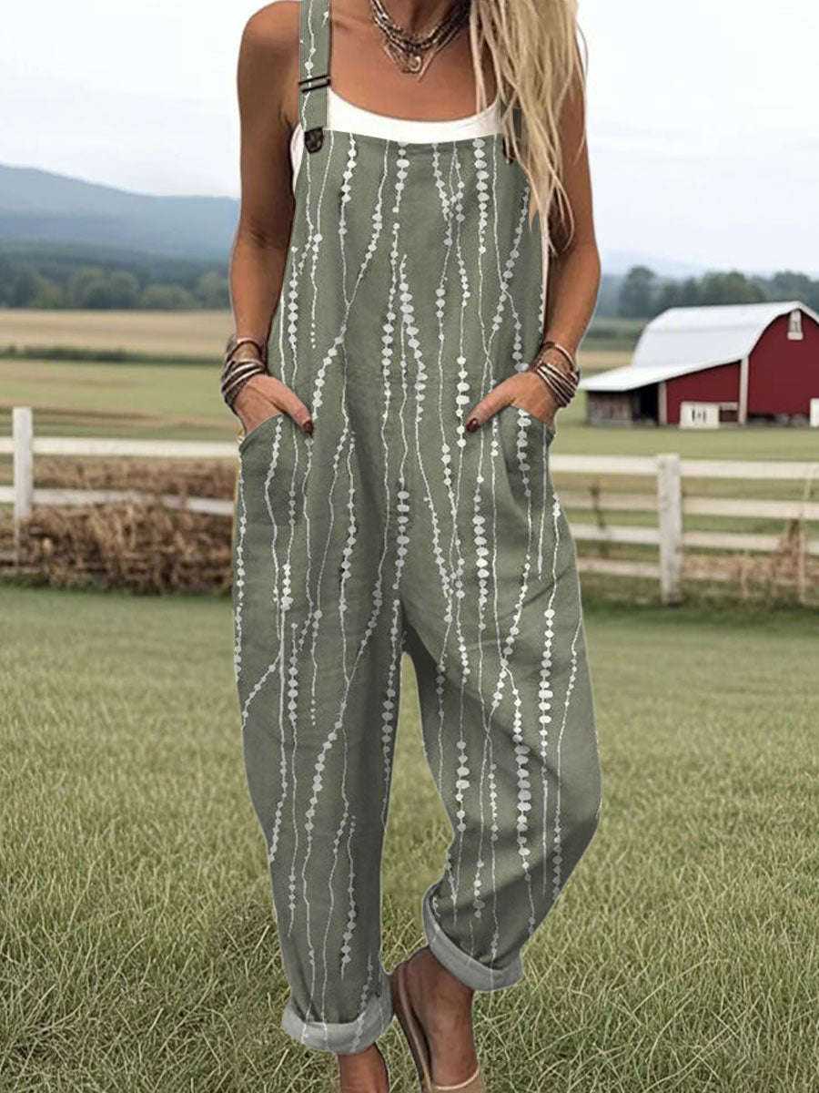 Women's  Vintage Abstract Geometry Art Print Casual 100% Cotton Wide Leg Jumpsuit