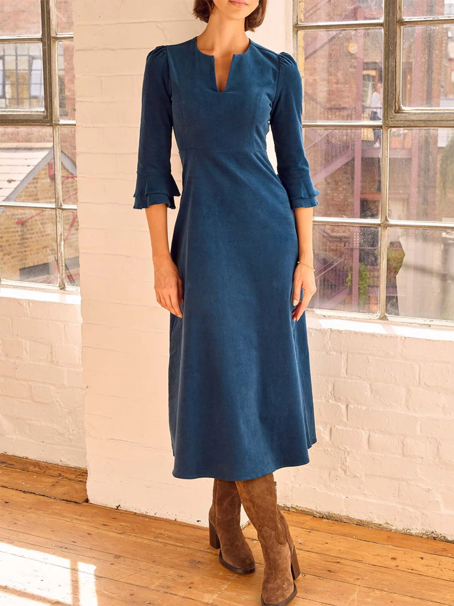 Women's Elegant V-neck Stretch Corduroy Midi Dress
