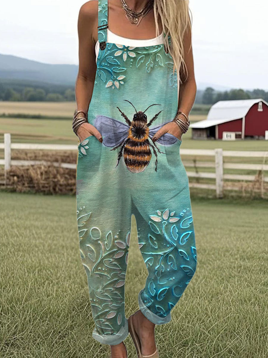 Women's  Funny Bee Art Print Casual 100% Cotton Wide Leg Jumpsuit
