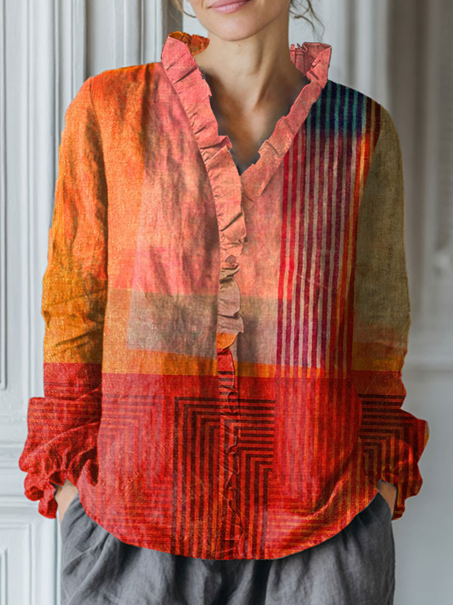 Women's Vintage  Abstract Geometry Art Print Casual Cotton And Linen Ruffle Shirt