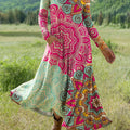 Women's Boho Floral Color Art Print Long-sleeved Dress