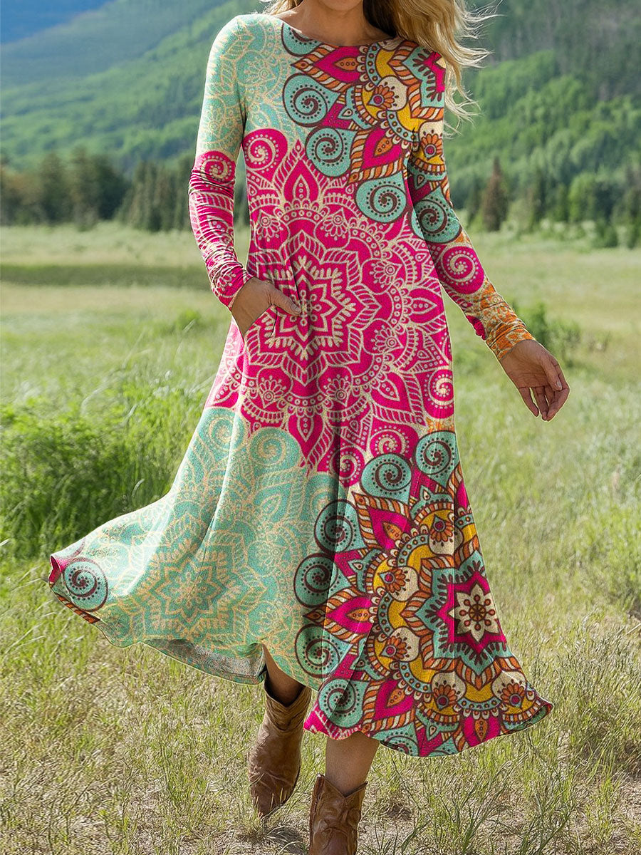 Women's Boho Floral Color Art Print Long-sleeved Dress