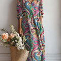 Women's Vintage Floral Art Print Casual Cotton And Linen Pocket Dress