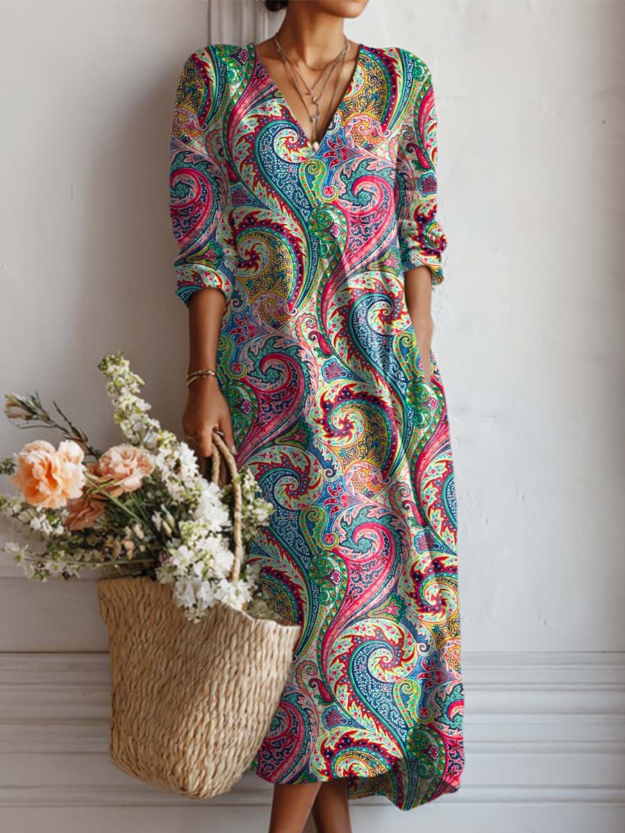 Women's Vintage Floral Art Print Casual Cotton And Linen Pocket Dress