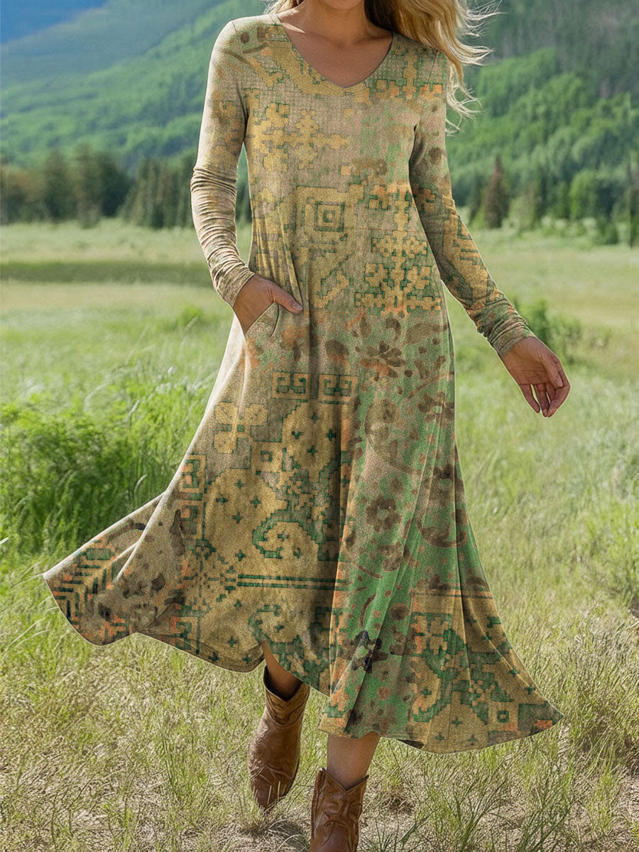 Women's Retro Flowers Pattern Print Art Print Long-sleeved Dress