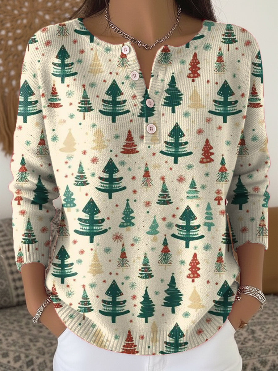 Beautiful Cute Christmas Tree Painting Art Print Buttoned Cardigan Sweater