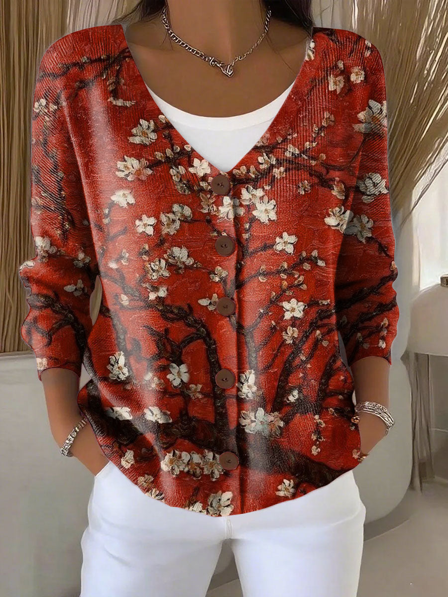 Ethnic Pattern Print Buttoned V-neck Cardigan Sweater