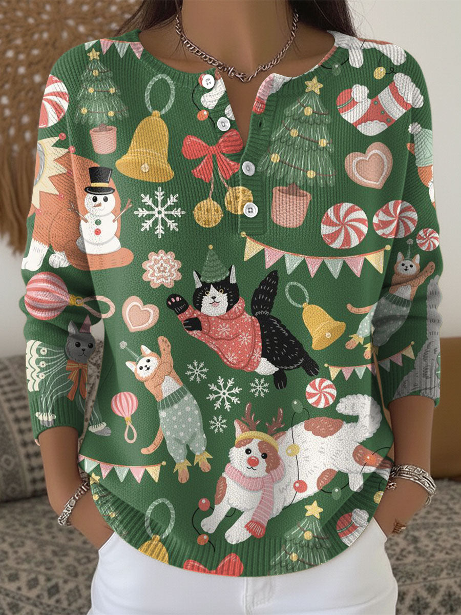 Christmas Animal Cat Pattern Art Print Buttoned Cardigan Sweater