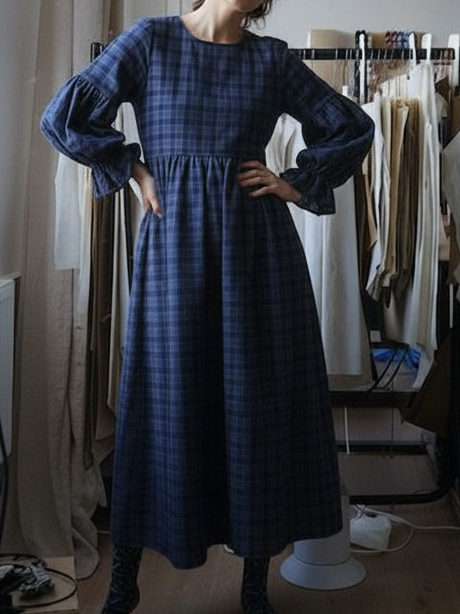 Women's Cotton And Linen Plaid Lantern Sleeve Dress