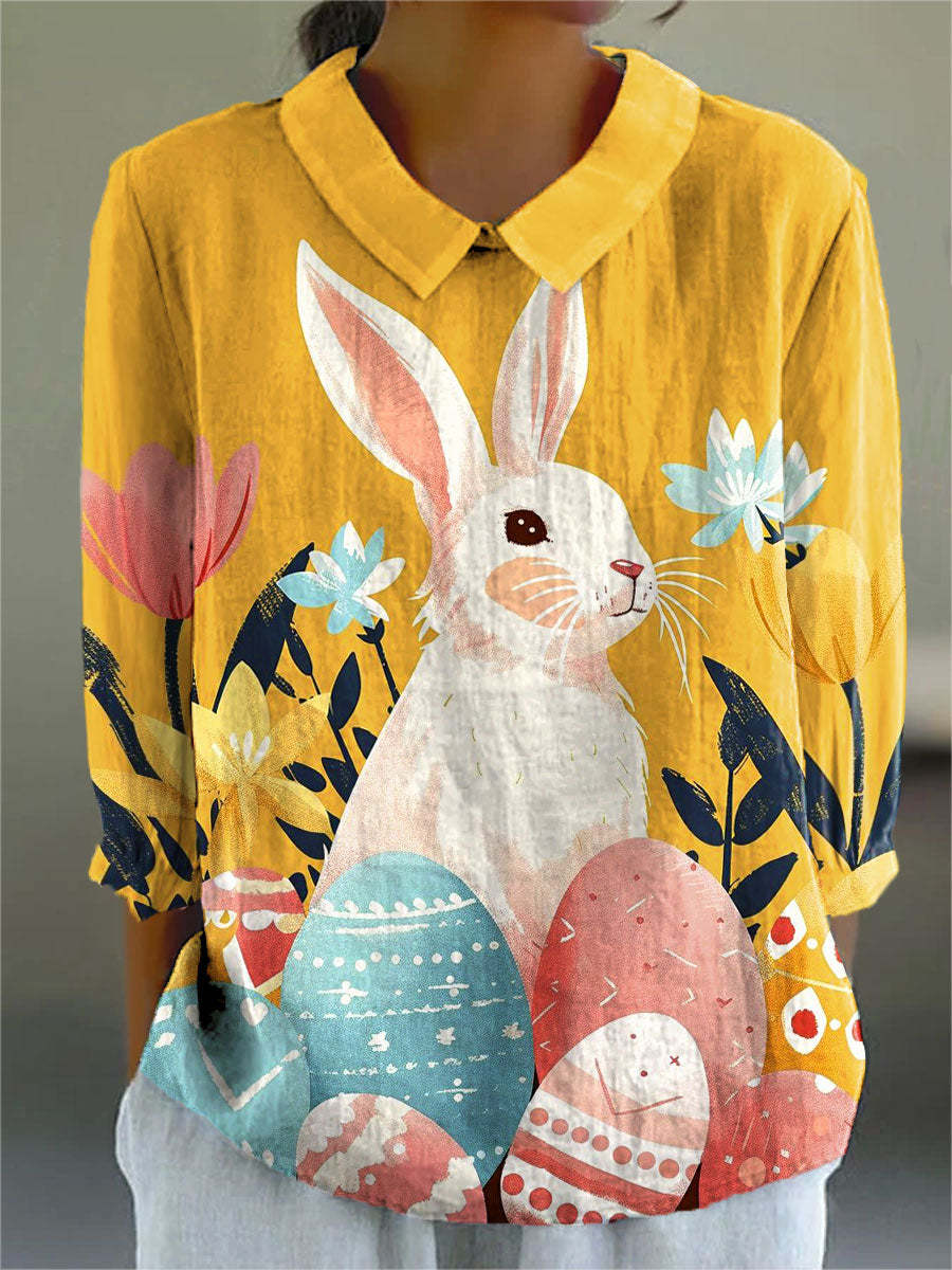 Women's Easter Bunny Colorful Art Print Casual Cotton And Linen 3/4 Sleeve Shirt