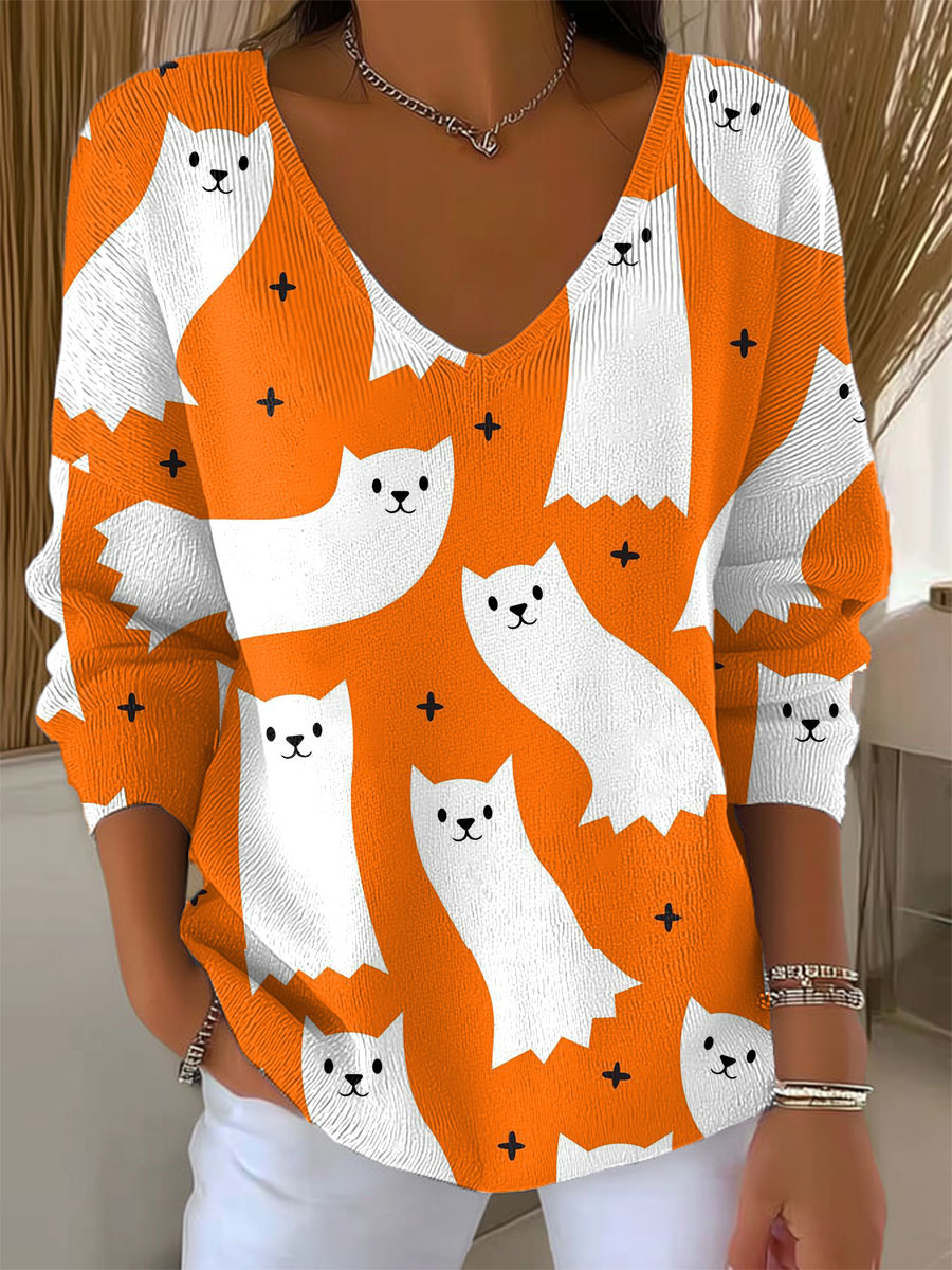 womens-funny-cat-art-print-casual-pullover-sweater