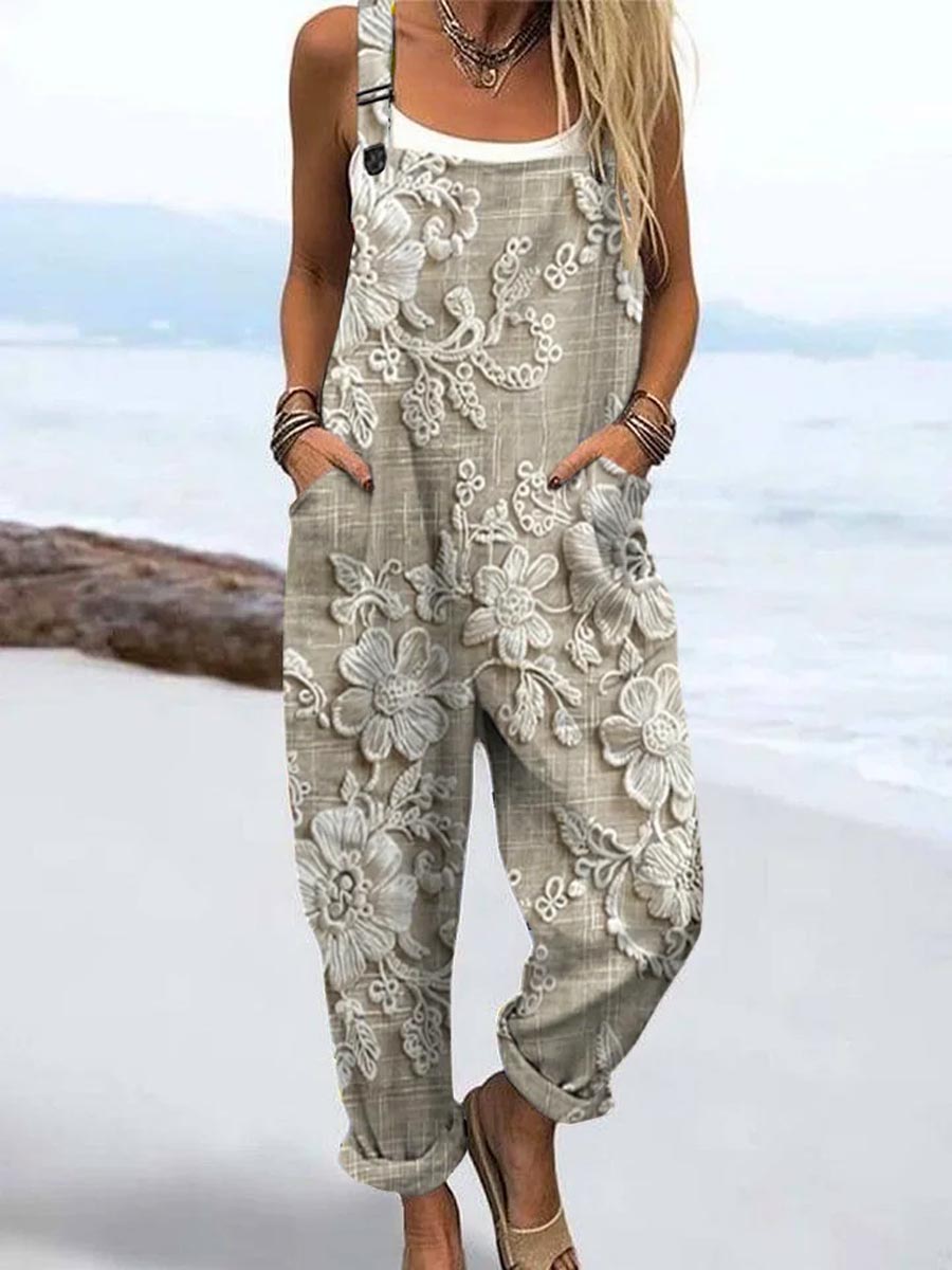 Women's Vintage Floral Pattern Art Print Casual 100% Cotton Wide Leg Jumpsuit