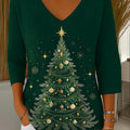 Women's Christmas Graphic Print V-Neck 3/4 Sleeve Casual Loose Pullover Sweater