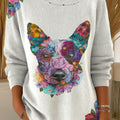 Women's Funny Floral Dog Art Print Casual Pullover Sweater