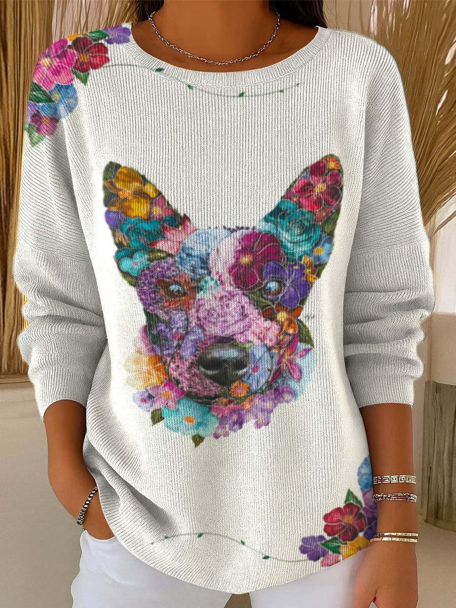 Women's Funny Floral Dog Art Print Casual Pullover Sweater