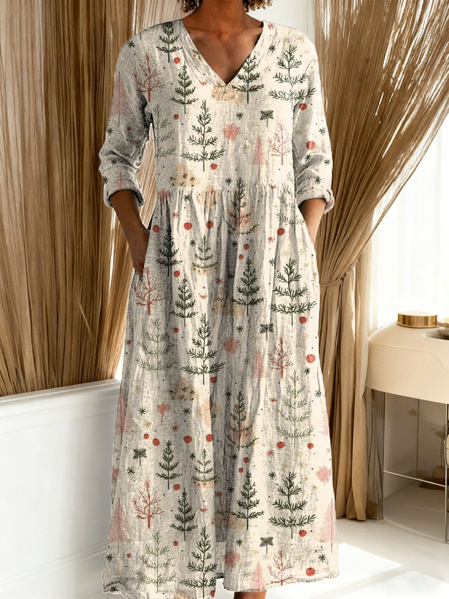 Women's Christmas Tree Art Print Casual Cotton Linen Pocket Dress