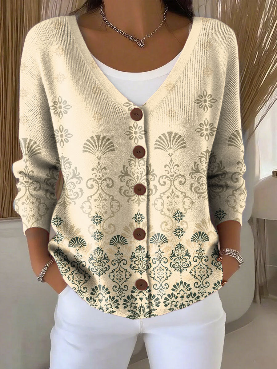 Ethnic Pattern Print Buttoned V-neck Cardigan Sweater