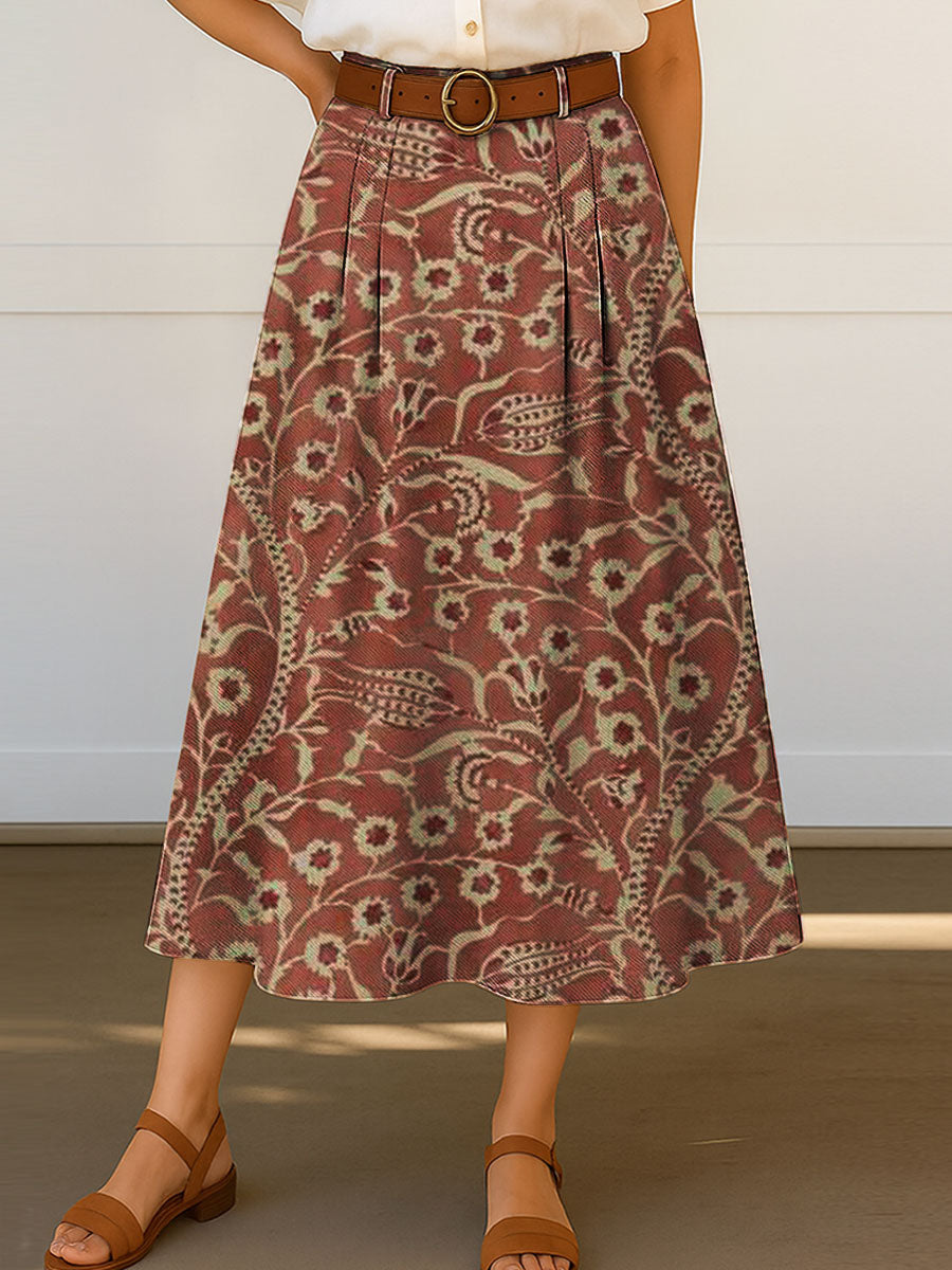 Women's Retro Flowers Floral Pattern Print High Waist Casual A-Line Skirt