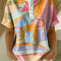 Retro Color-block Patchwork Print Loose-fit Cotton-linen Short-sleeve Shirt
