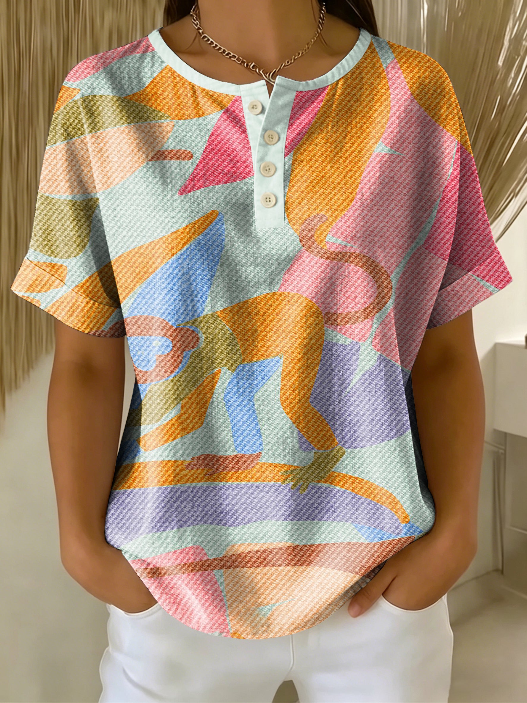Retro Color-block Patchwork Print Loose-fit Cotton-linen Short-sleeve Shirt